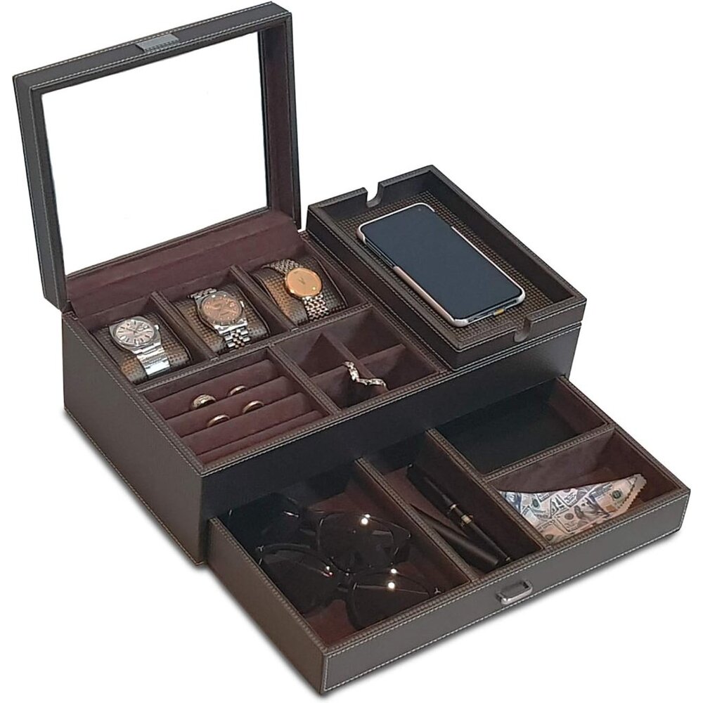 Mens Dresser Valet Organizer Nightstand Drawer Tray, Watch Holder